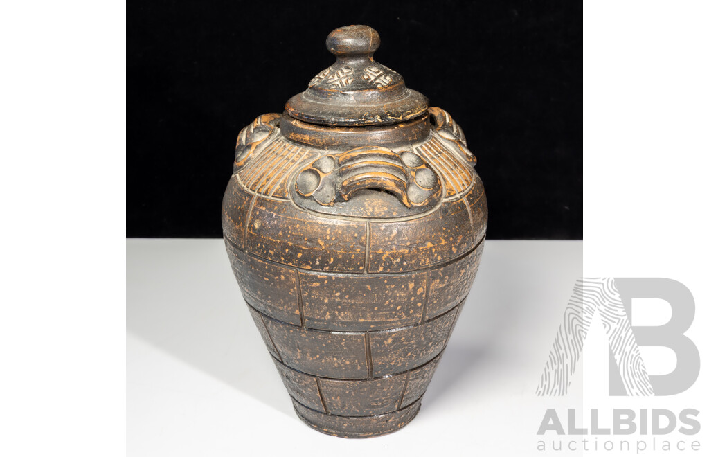 Antique Japanese Ceramic Lidded Jar with Applied Decoration