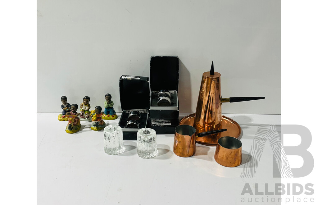 Collection Decorator Items Including Pair Retro Frosted Textured Glass Votives, Set Six Strachan Silver Plate Napkin Rings in Original Boxes and More