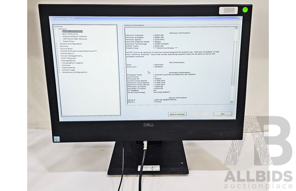 Dell OptiPlex 7450 AIO Intel Core I5 (6500) 3.20GHz-3.60GHz 4-Core CPU 23-Inch Non-Touchscreen All-in-One Computer