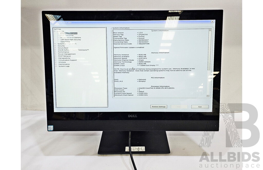 Dell OptiPlex 7450 AIO Intel Core I5 (6500) 3.20GHz-3.60GHz 4-Core CPU 23-Inch Non-Touchscreen All-in-One Computer