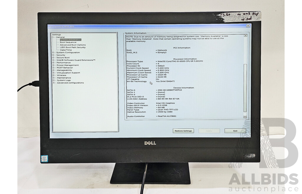 Dell OptiPlex 7450 AIO Intel Core I5 (6500) 3.20GHz-3.60GHz 4-Core CPU 23-Inch Non-Touchscreen All-in-One Computer