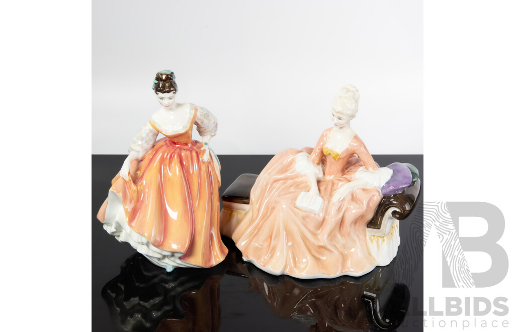 Two Vintage English Royal Doulton Porcelain Lady Figures Comprising Fair Lady Coral Pink HN 2835 & Reverie HN 2306