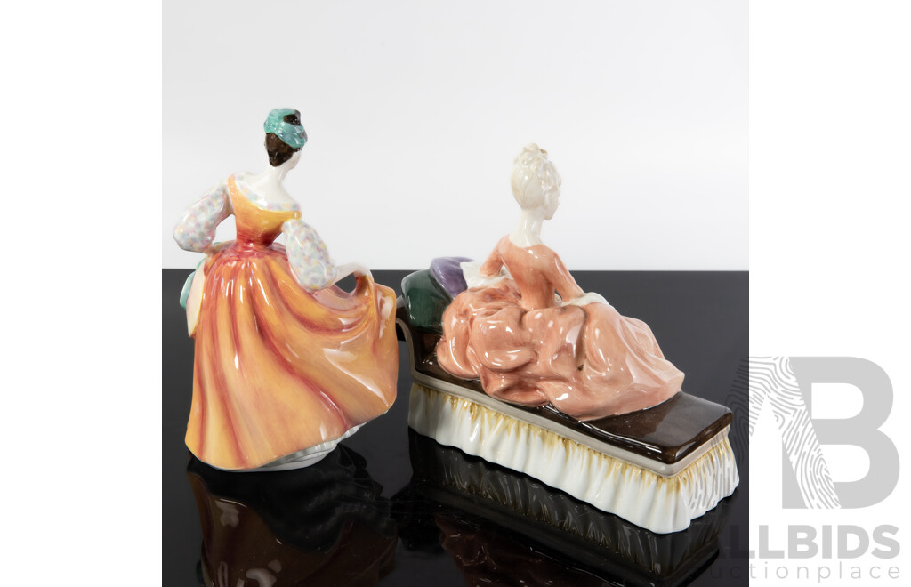 Two Vintage English Royal Doulton Porcelain Lady Figures Comprising Fair Lady Coral Pink HN 2835 & Reverie HN 2306