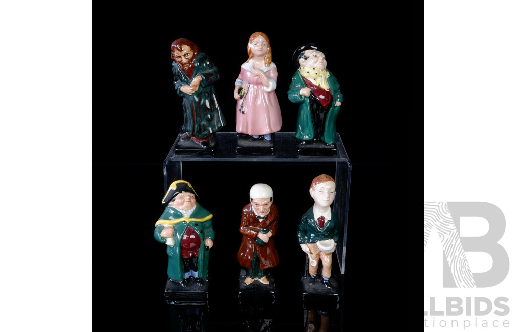 Collection Six Vintage English Royal Doulton Porcelain Charles Dickens Figures Comprising Tony Weller, Fagin, Little Nell, Oliver Twist, Scrooge & Bumble