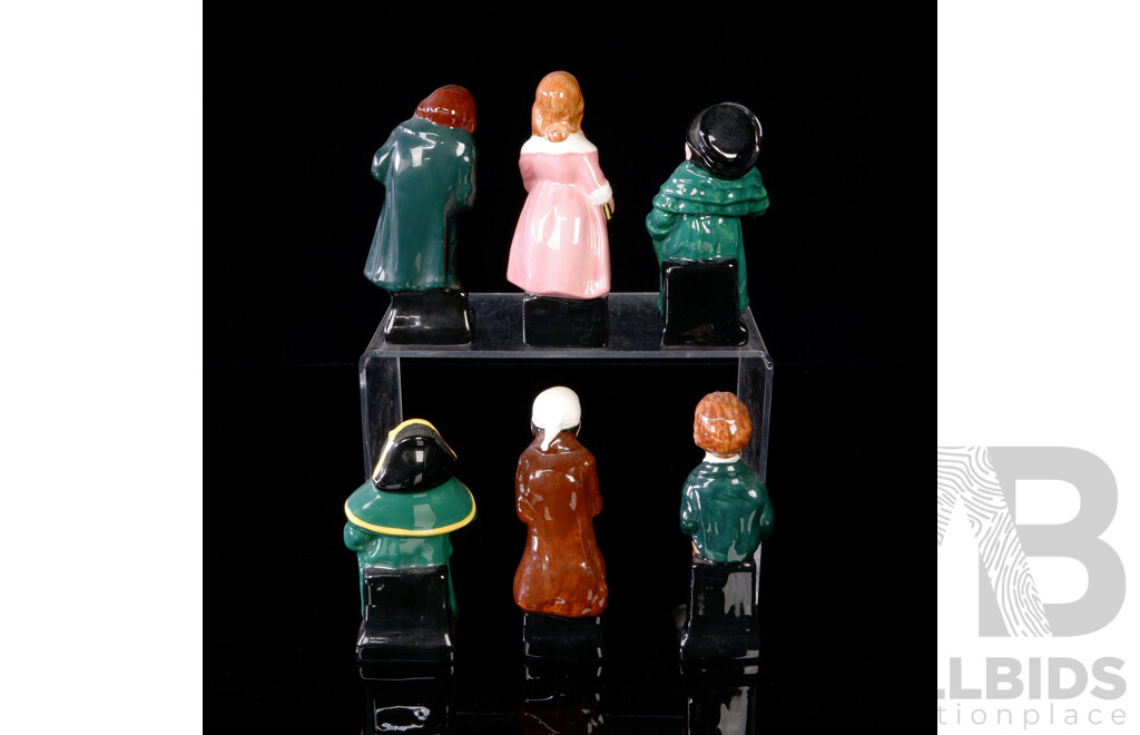 Collection Six Vintage English Royal Doulton Porcelain Charles Dickens Figures Comprising Tony Weller, Fagin, Little Nell, Oliver Twist, Scrooge & Bumble