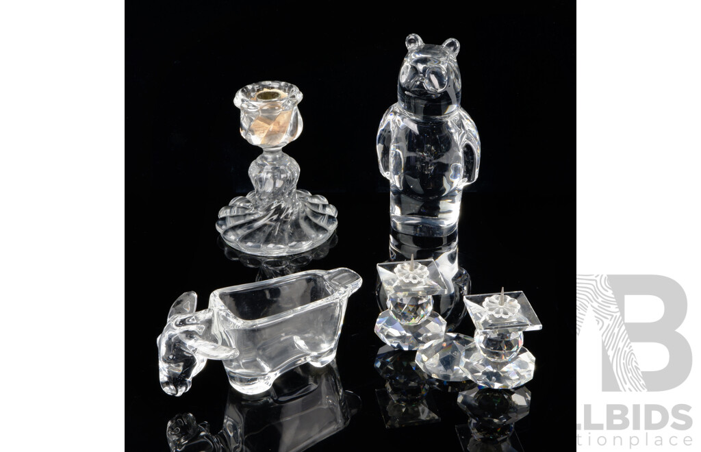 Vintage French Baccarat Crystal Candle Holder with Swirl Gadrooned Base, Orrefors Olle Alberius Bear Figure, French Vannes Donkey Form Vase and Swarovski Candle Holders