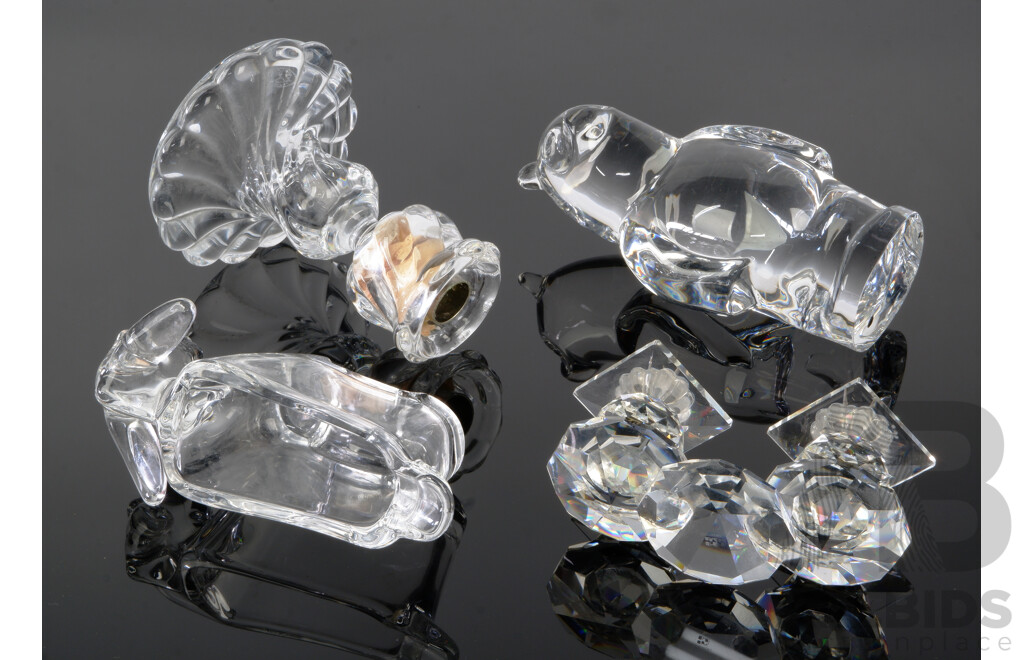 Vintage French Baccarat Crystal Candle Holder with Swirl Gadrooned Base, Orrefors Olle Alberius Bear Figure, French Vannes Donkey Form Vase and Swarovski Candle Holders