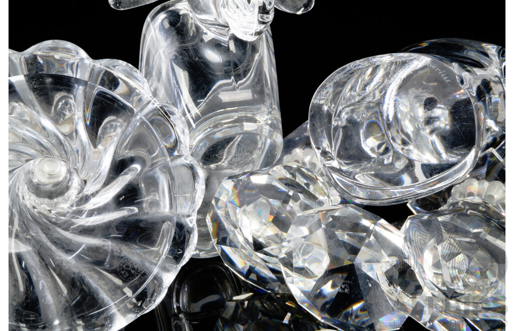 Vintage French Baccarat Crystal Candle Holder with Swirl Gadrooned Base, Orrefors Olle Alberius Bear Figure, French Vannes Donkey Form Vase and Swarovski Candle Holders