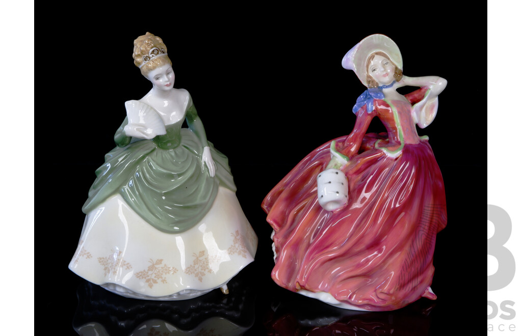 Two Vintage English Royal Doulton Porcelain Lady Figures Comprising Autumn Breezes HN 1934 & Soiree HN 2312
