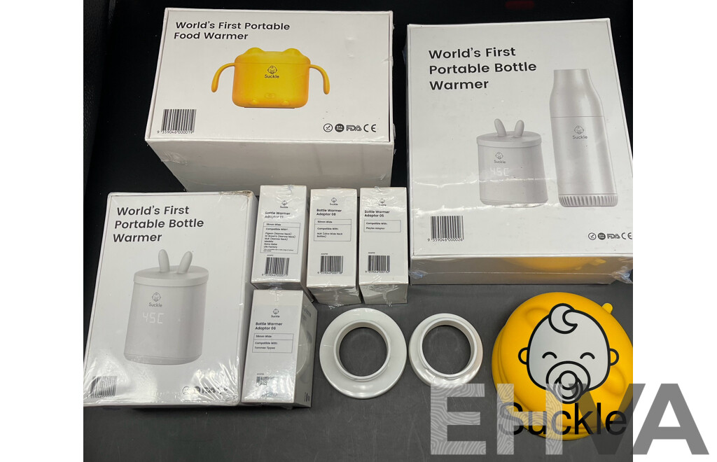 SUCKLE Food Warmer, Portable Bottle Warmer, Portable Bottle Warmer with Bottle, Bottle Adaptors and Spare Lids for Food Warmer - Lot of 10