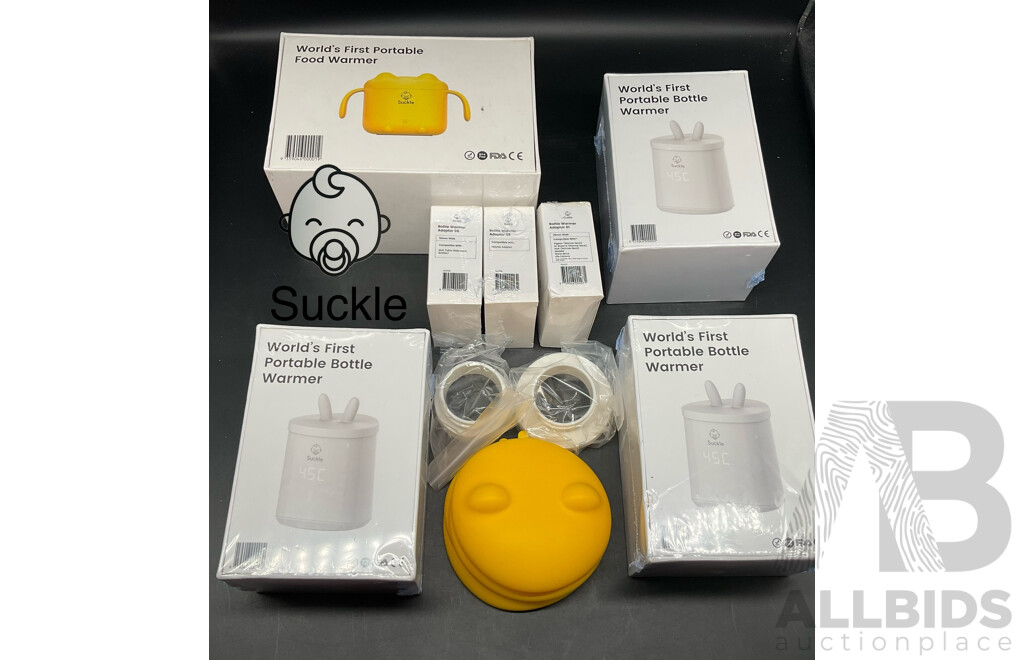 SUCKLE Food Warmer, Portable Bottle Warmer, Bottle Adaptors and Spare Lids for Food Warmer - Lot of 6