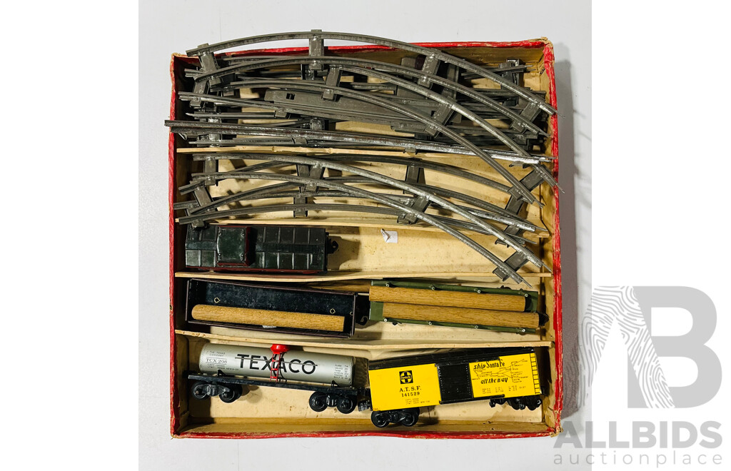 Vintage 'O' Scale Pressed Steel Train Set in Original Box, Lacking Locomotive, Made in Japan