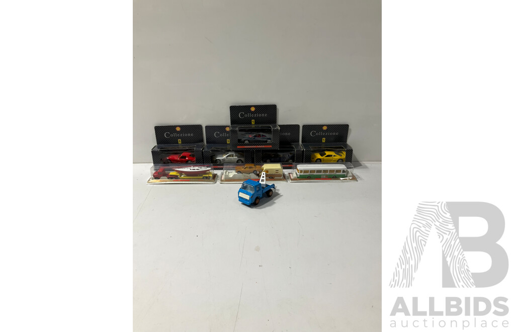 Vintage Boxed Majorette Truck, Bus, Car and Caravan with Pressed Steel Tow Truck and Five Shell Collezione Diecast Ferraris