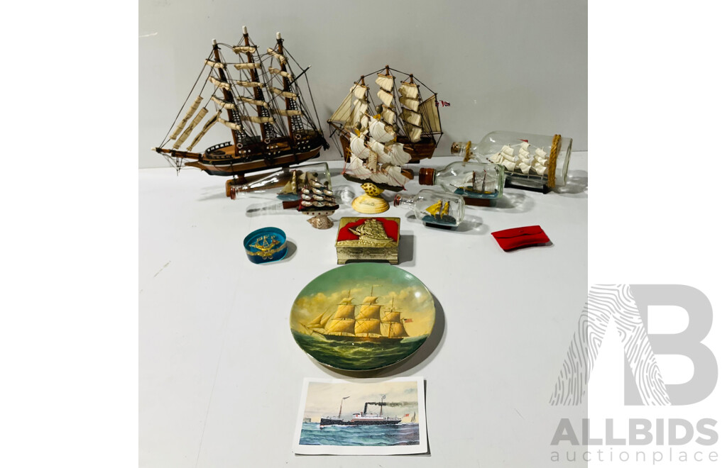 Collection of Display Sailing Ships Including Bottled Examples, Plate and Metal Trinket Box
