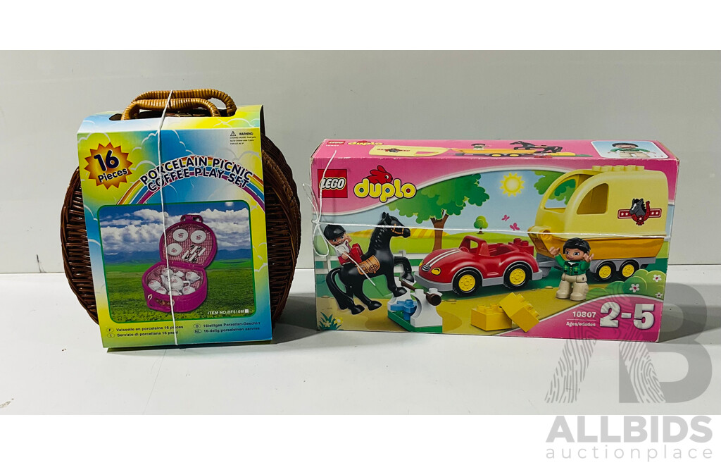 Boxed Lego Duplo 10807 Car and Horse Float with 16 Piece Porcelain Picnic Coffee Play Set