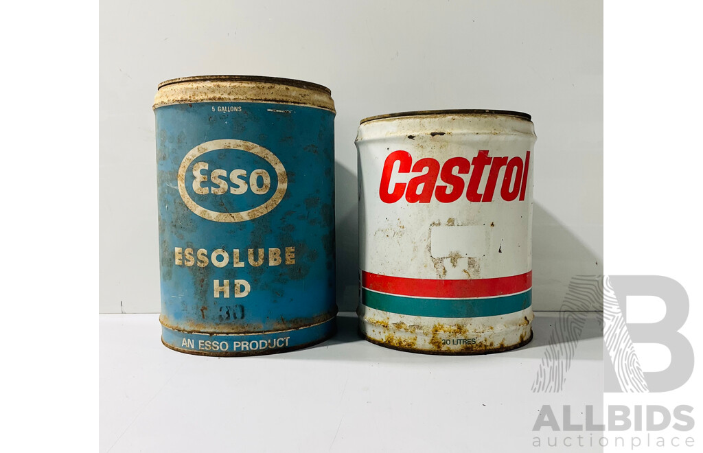 Pair of Vintage Metal Drums Including Esso Essolube Drum and Castrol Drum