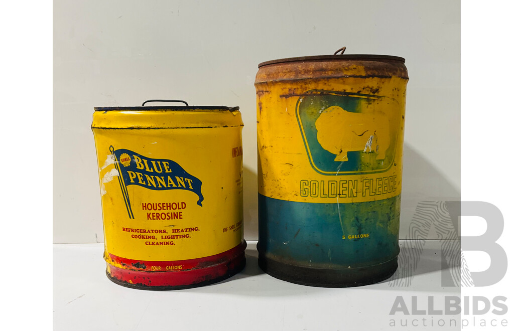 Pair of Vintage Metal Drums Including Blue Pennant Drum and Golden Fleece Drum