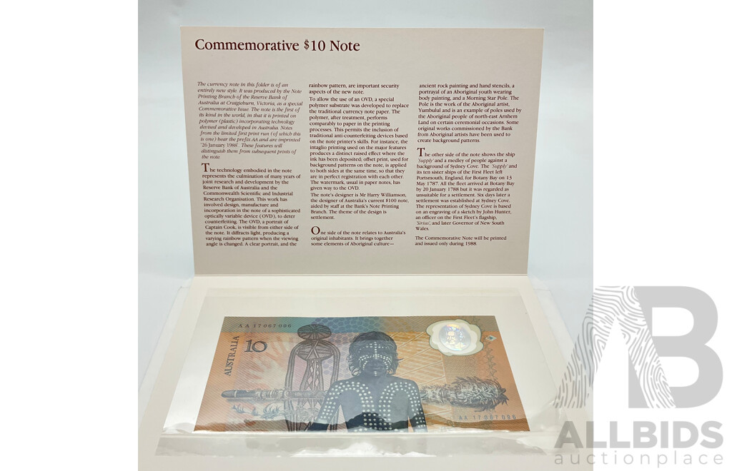 Australian 1988 Commemorative Ten Dollar Note, AA 17067096