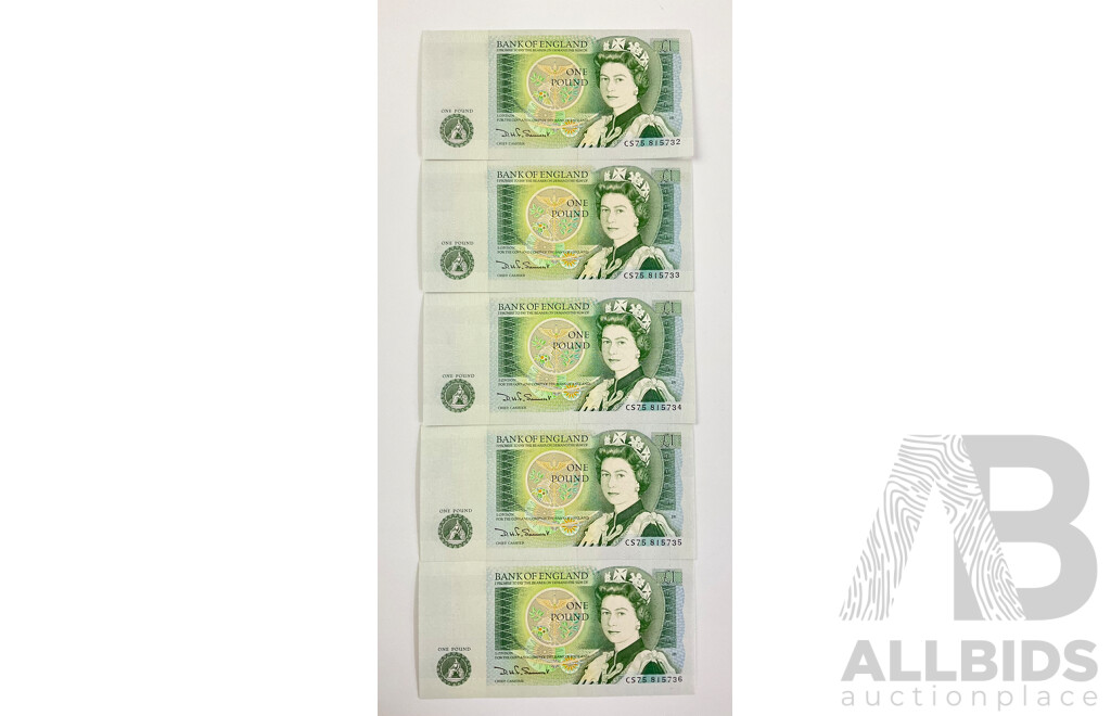 Five UK One Pound Notes, D H F Sommeset Consecutive CS75815732 - CS75815736