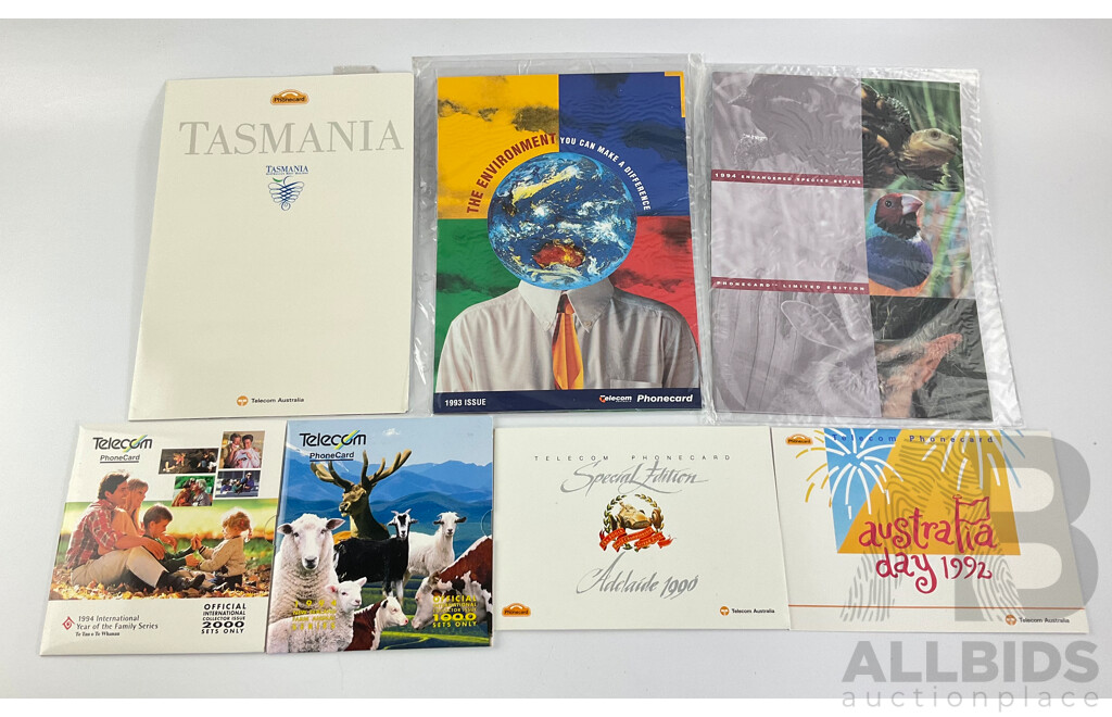 Collection of Mint Phone Card Albums Including Australian Telecom 1993, 1994, Tasmania, 1990 Grand Prix, 1992 Australia Day, Two 1994 New Zealand Albums