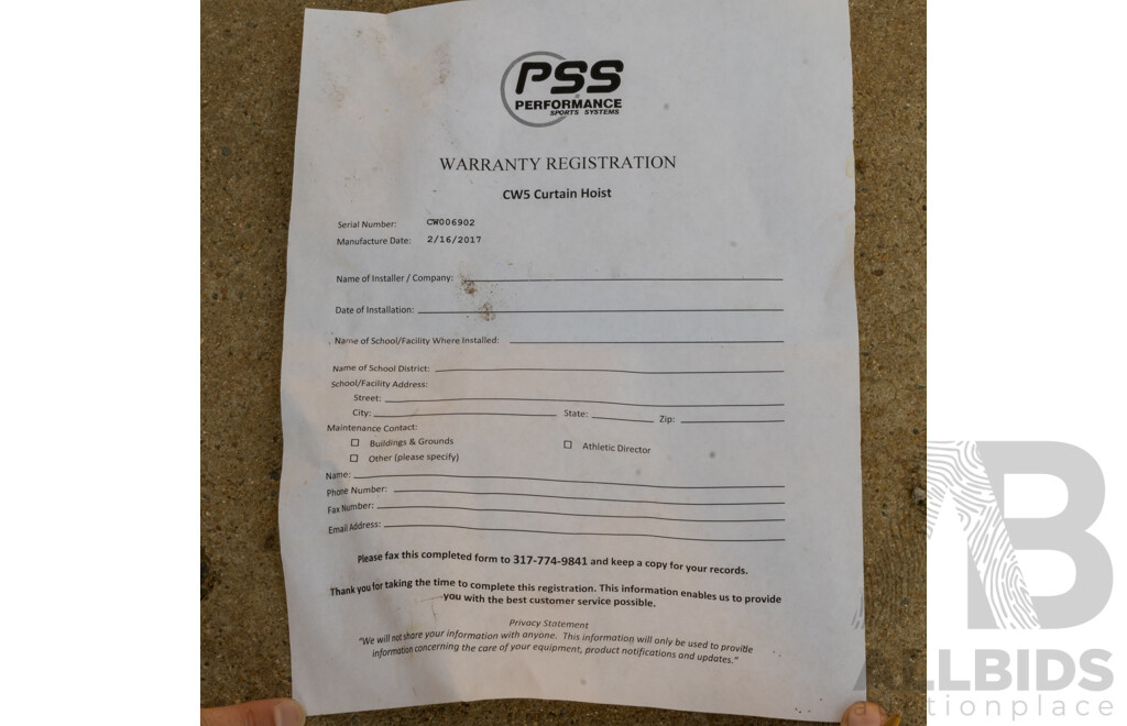 Performance Sports System Electric Curtain Hoist ETC