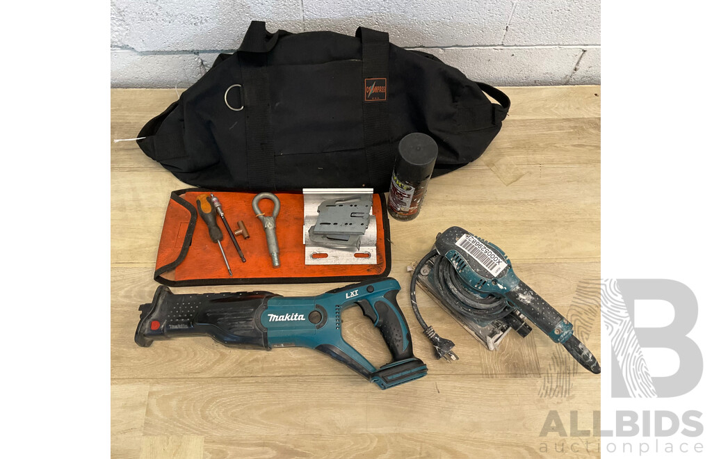 MAKITA LXT (DJR181) Cordless Reciprocating Saw - Skin Only, MAKITA 1/3 Sheet Orbital Sander (BO3710) and Assorted Tools and Bags - Lot of 3