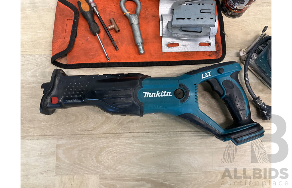 MAKITA LXT (DJR181) Cordless Reciprocating Saw - Skin Only, MAKITA 1/3 Sheet Orbital Sander (BO3710) and Assorted Tools and Bags - Lot of 3