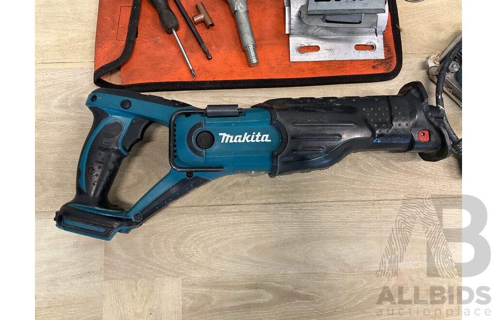MAKITA LXT (DJR181) Cordless Reciprocating Saw - Skin Only, MAKITA 1/3 Sheet Orbital Sander (BO3710) and Assorted Tools and Bags - Lot of 3