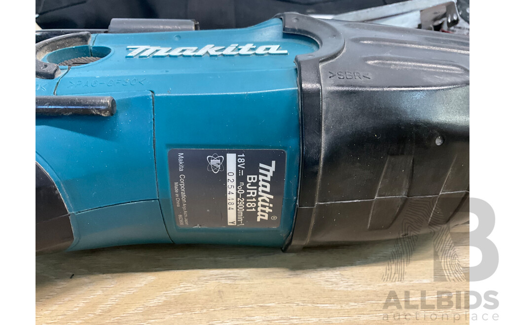MAKITA LXT (DJR181) Cordless Reciprocating Saw - Skin Only, MAKITA 1/3 Sheet Orbital Sander (BO3710) and Assorted Tools and Bags - Lot of 3