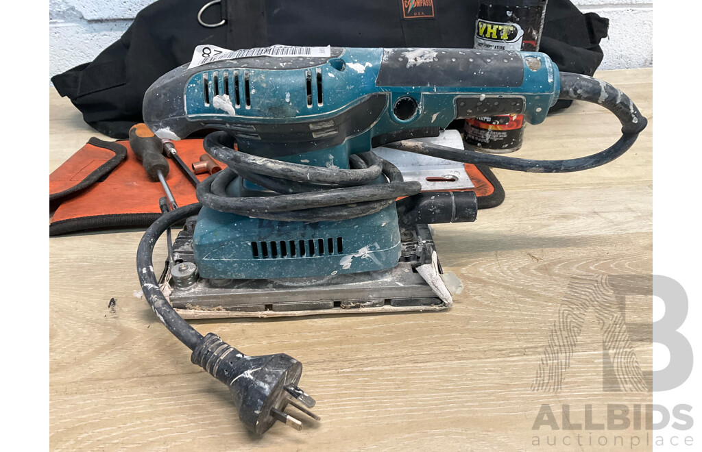 MAKITA LXT (DJR181) Cordless Reciprocating Saw - Skin Only, MAKITA 1/3 Sheet Orbital Sander (BO3710) and Assorted Tools and Bags - Lot of 3