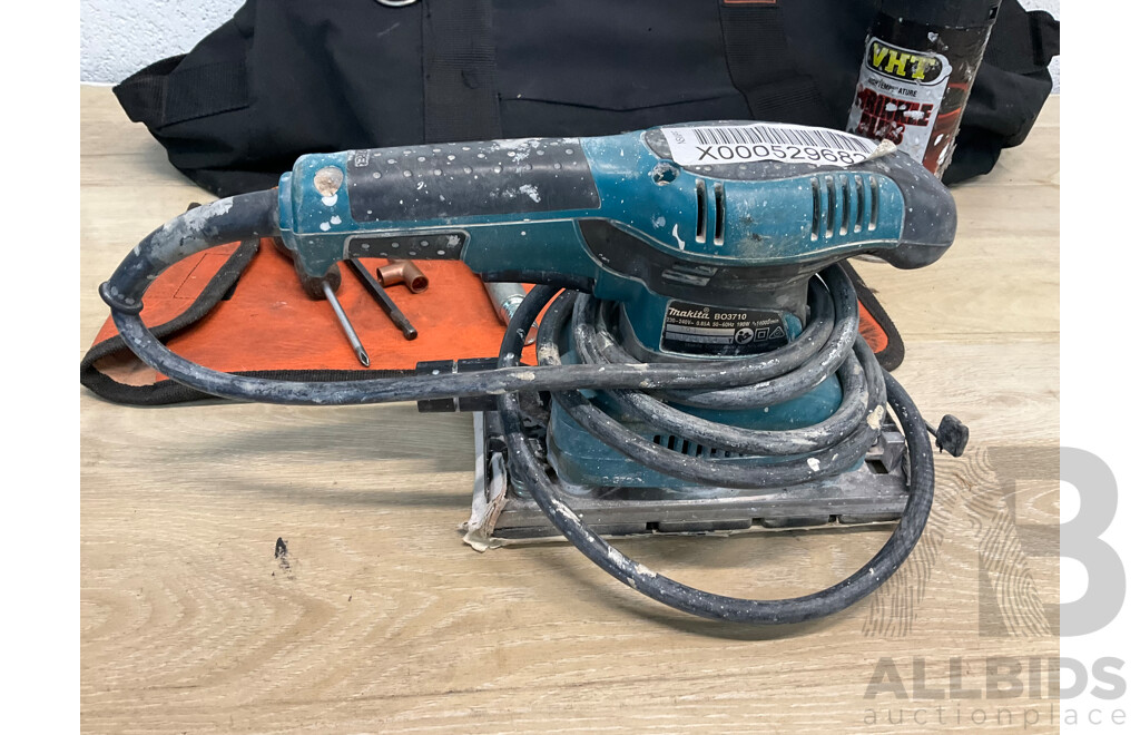 MAKITA LXT (DJR181) Cordless Reciprocating Saw - Skin Only, MAKITA 1/3 Sheet Orbital Sander (BO3710) and Assorted Tools and Bags - Lot of 3