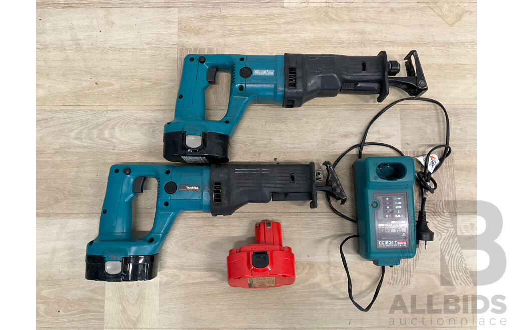 MAKITA  (JR180D) 18V Cordless Reciprocating Saw X2, 3x Battery and MAKITA Battery Charger (DC1804T) - Lot of 6