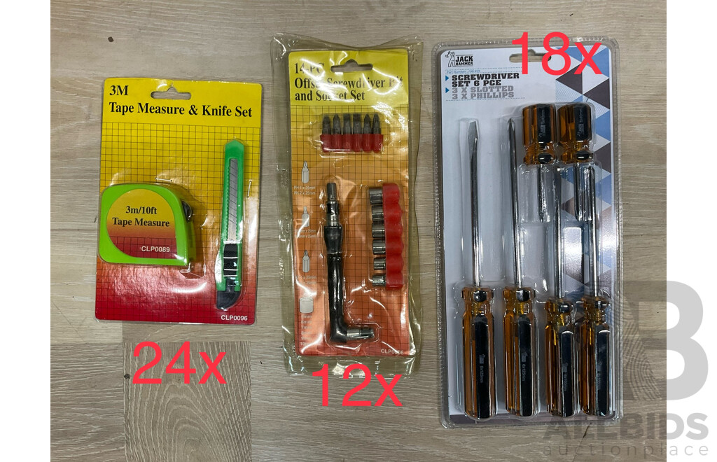 3m Tape Measure and Knife Set X24, 14 Pcs Offset Screwdriver Bit and Socket Set X12 and 6 Pcs Screwdriver Set X 18 - Lot of 54