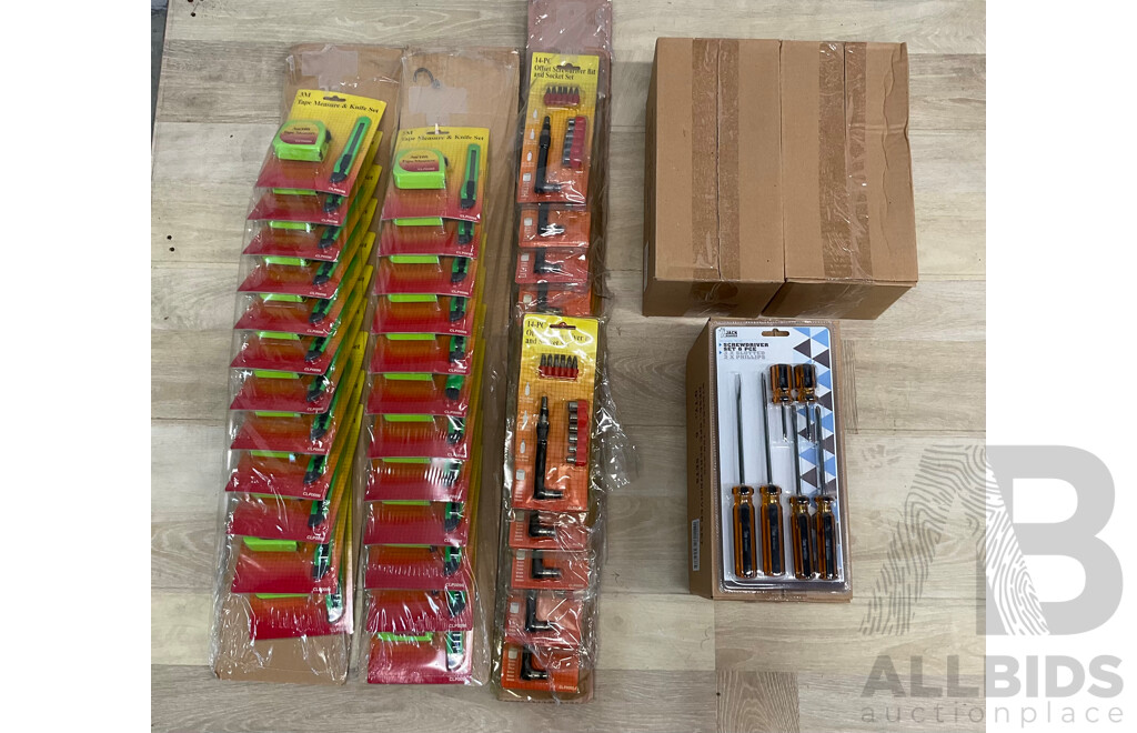 3m Tape Measure and Knife Set X24, 14 Pcs Offset Screwdriver Bit and Socket Set X12 and 6 Pcs Screwdriver Set X 18 - Lot of 54