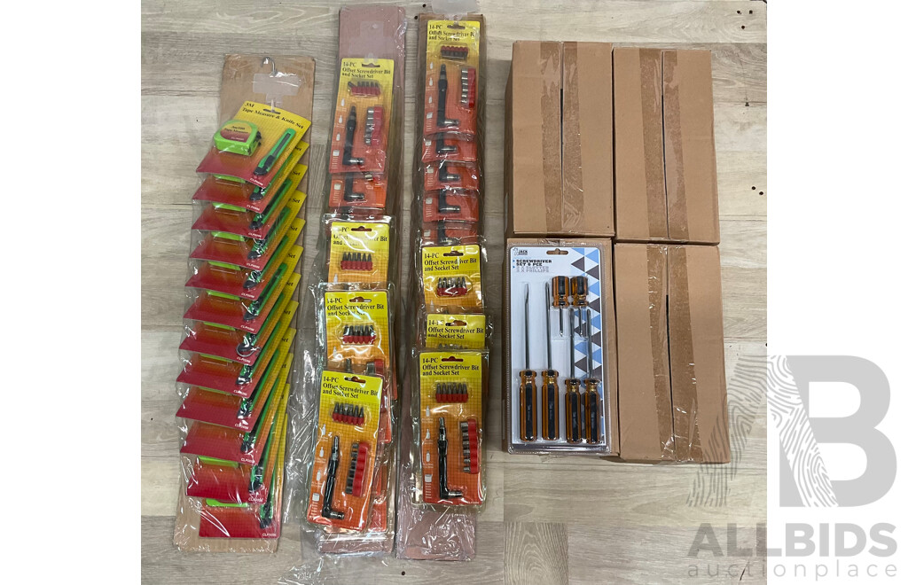 3m Tape Measure and Knife Set X12, 14 Pcs Offset Screwdriver Bit and Socket Set X30 and 6 Pcs Screwdriver Set X 24 - Lot of 66