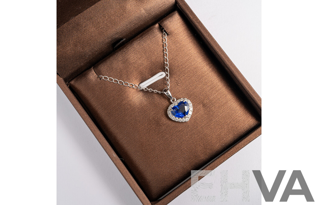 NEW - 18ct White Gold Natural Ceylon Sapphire & Diamond Pendant, S2.55ct/TDW0.26ct, & 18ct Chain, 4.26 Grams