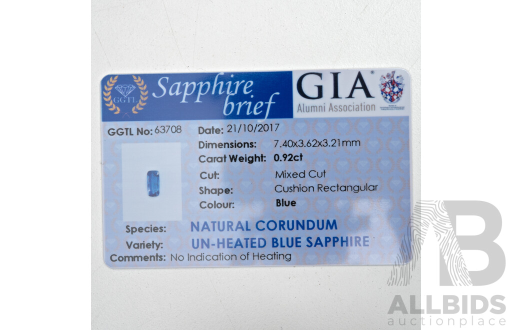 Corundum Blue Sapphire, Natural Unheated Emerald Cut Gemstone, Origin Sri Lanka, 0.92CT with GGTL Report