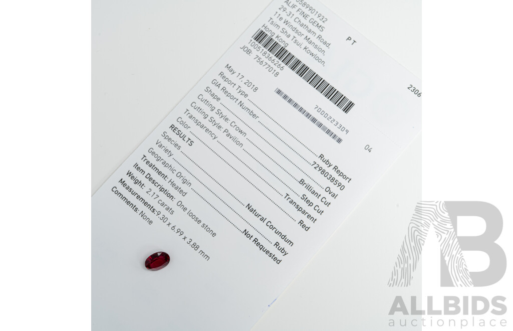Ruby, Natural Unset Oval Cut Gemstone, Origin Sri Lanka, 2.15ct - GIA Report No. 729803590