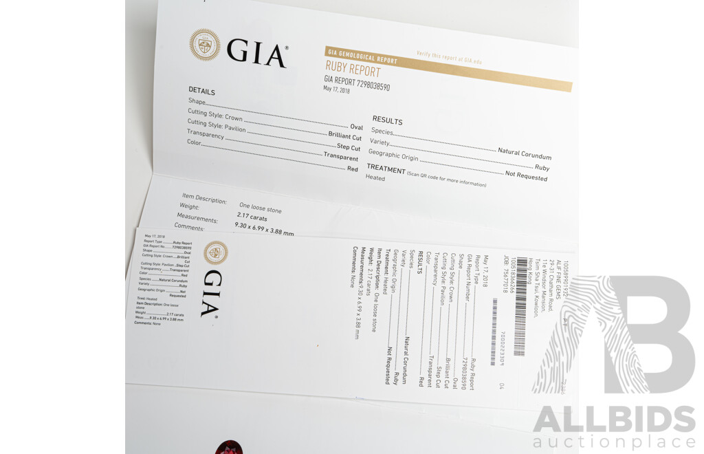 Ruby, Natural Unset Oval Cut Gemstone, Origin Sri Lanka, 2.15ct - GIA Report No. 729803590