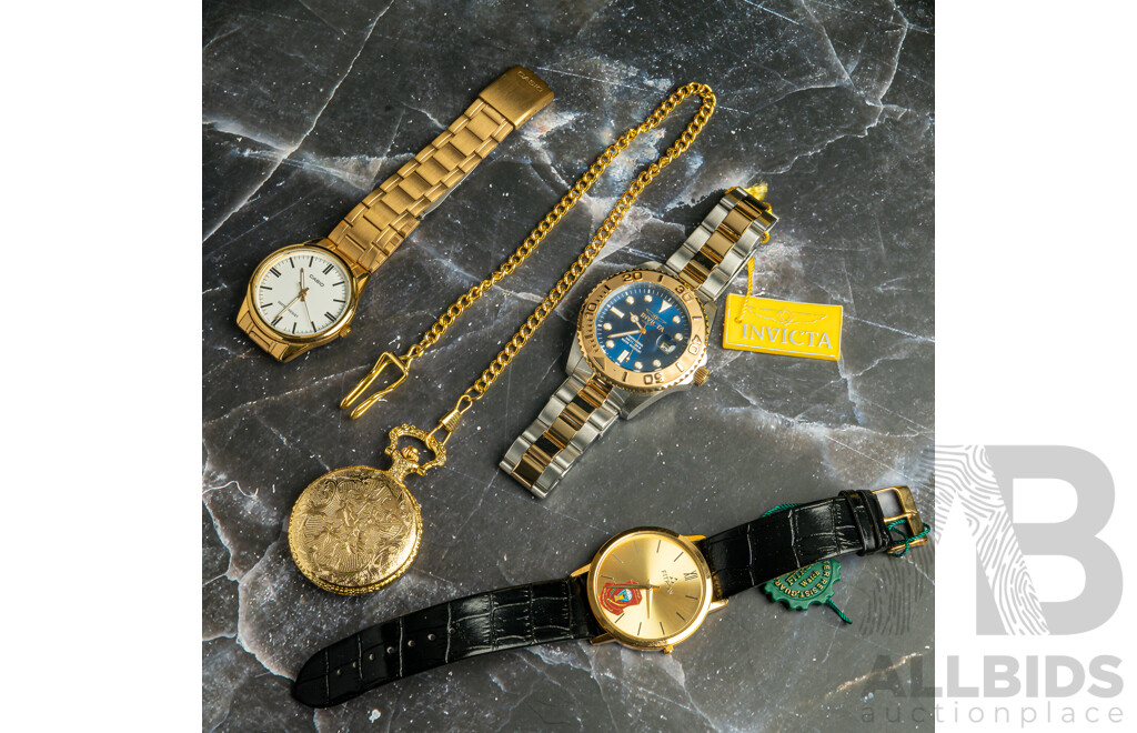 Collection of (4) Mens Watches Including Invicta, Casio, Fitron and Reproduction Pocket Watch