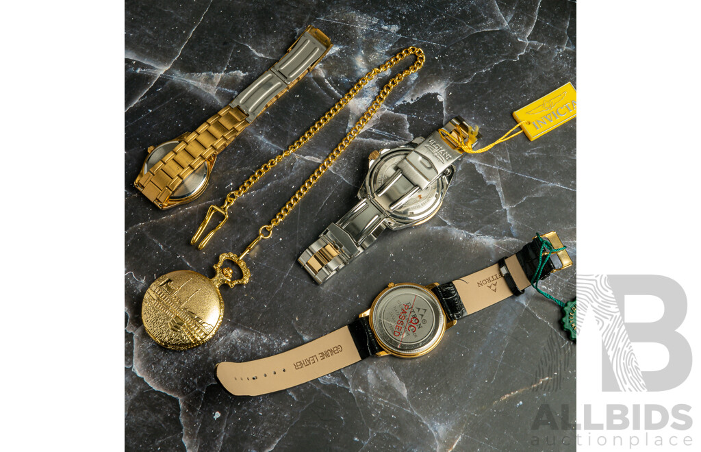 Collection of (4) Mens Watches Including Invicta, Casio, Fitron and Reproduction Pocket Watch