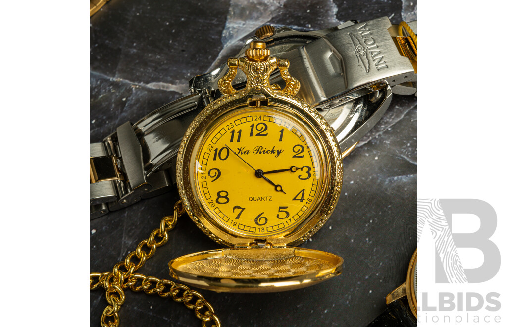 Collection of (4) Mens Watches Including Invicta, Casio, Fitron and Reproduction Pocket Watch