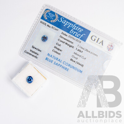 Blue Sapphire, Natural Corundum Unset Oval Cut Gemstone, Origin Sri Lanka, 1.60ct - GGTL Brief B0349