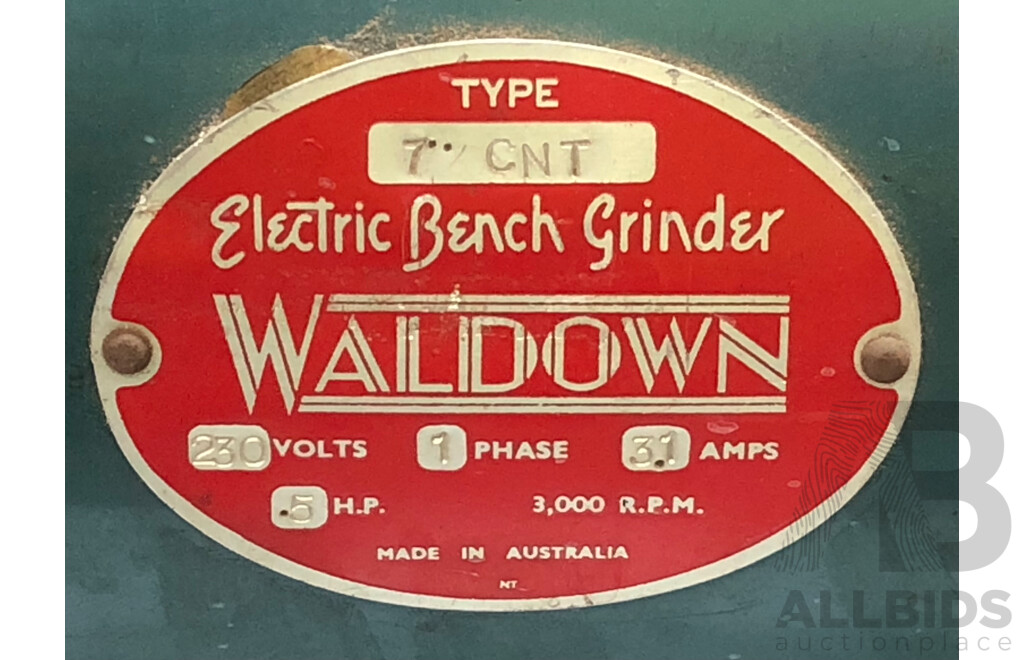 Vintage Waldown 1/2 HP 7 Inch Electric Bench Grinder