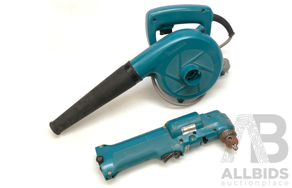 Makita 600 Watt Electric Blower and Cordless 7.2 Volt 10mm Angle Drill