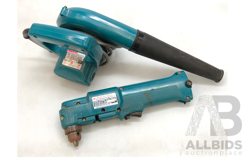 Makita 600 Watt Electric Blower and Cordless 7.2 Volt 10mm Angle Drill