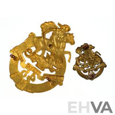 Two Vintage Australian Brass St George Regiment 45th Infantry Battalion Hat Badges  by Stakes & Sons, 1948 to 1953