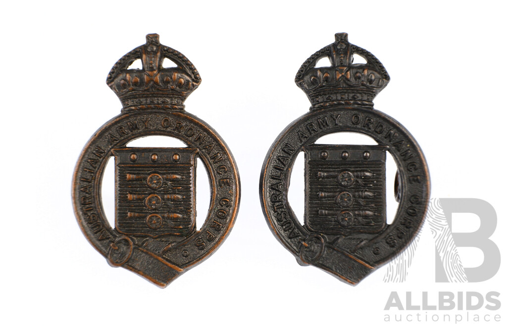 Two Vintage Australian Army Ordnance Corp Hat Badges, 1930 to 1942