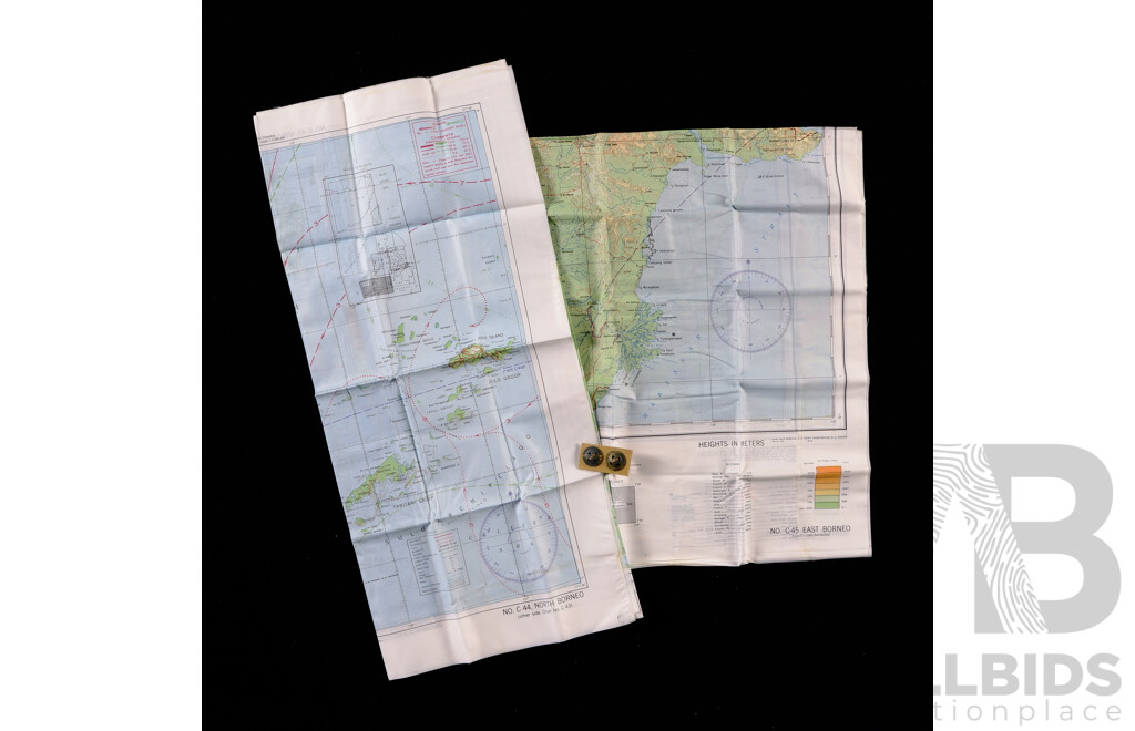 Two Vintage Two Sided WWII Cloth Escape and Evacuation Maps Comprising C43 & 44 North Borneo 1944 & C45 East Borneo 1944