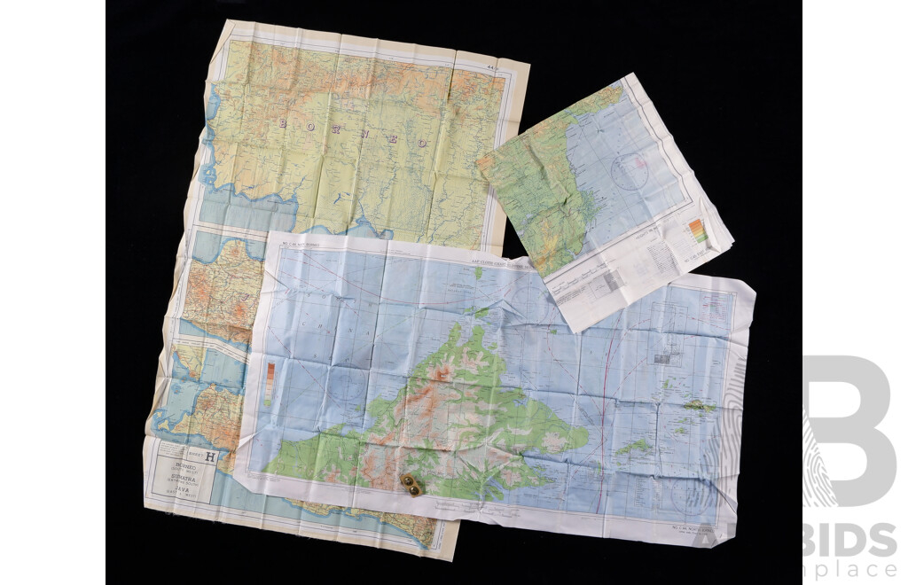 Three Vintage Two Sided WWII Cloth Escape and Evacuation Maps Comprising C43 & 44 North Borneo 1944, C45 East Borneo 1944 & One Other